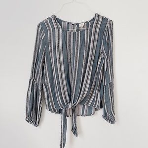 Keep In Touch Striped Long Sleeved Tie Front Top